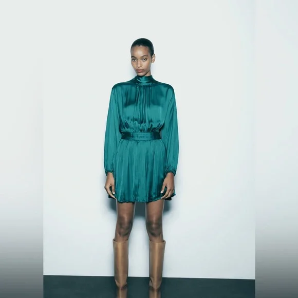 Zara Wrinkled satin effect mini dress - new with tags color dawn blue medium